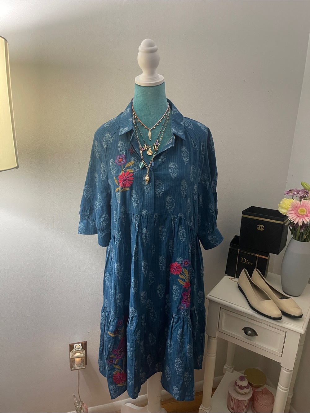 NATURAL LIFE Teal Blue Floral Embroidered Tiered Midi Dress